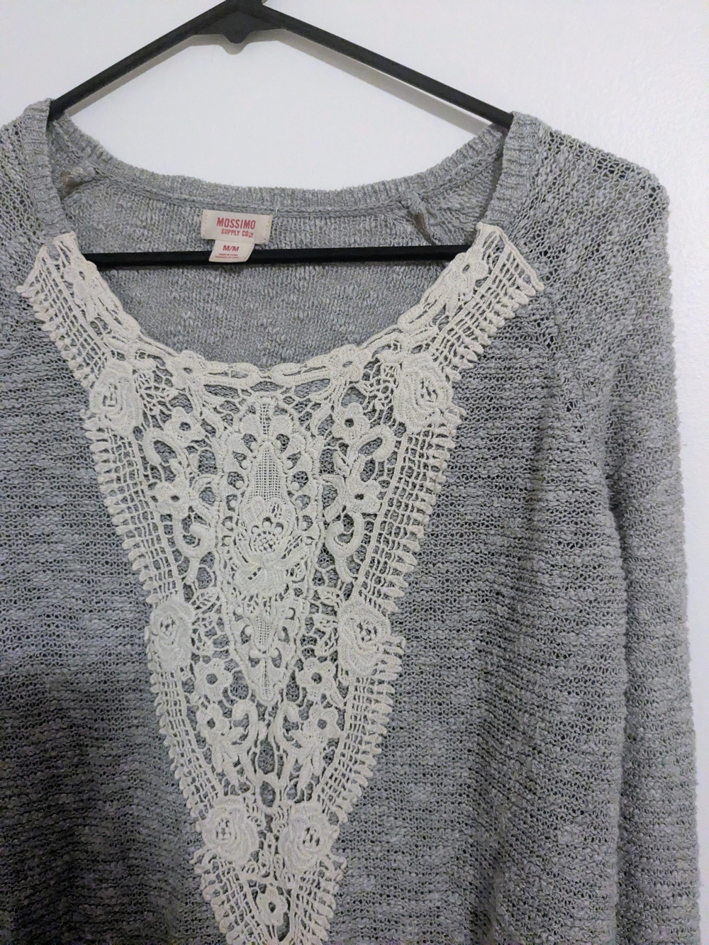 Mossimo Supply Co Gray Knit Crochet Lace Bib Pullover Sweater M